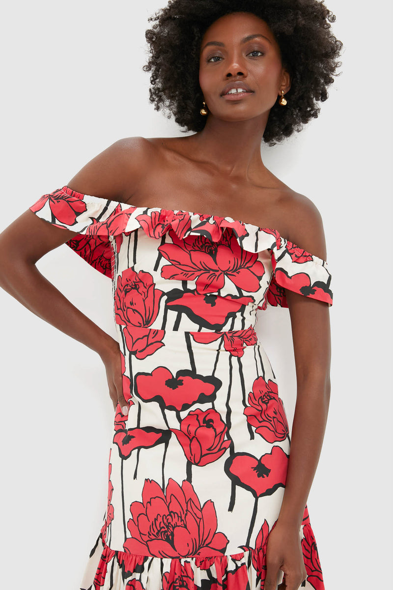 Red & Cream Floral Floral Off-the-Shoulder Giselle Dress
