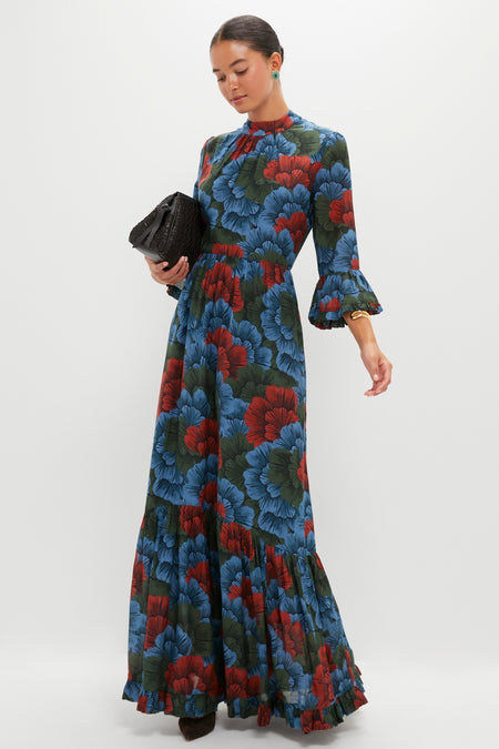 Madrid Blue High Neck Bell Sleeve Maxi Dress