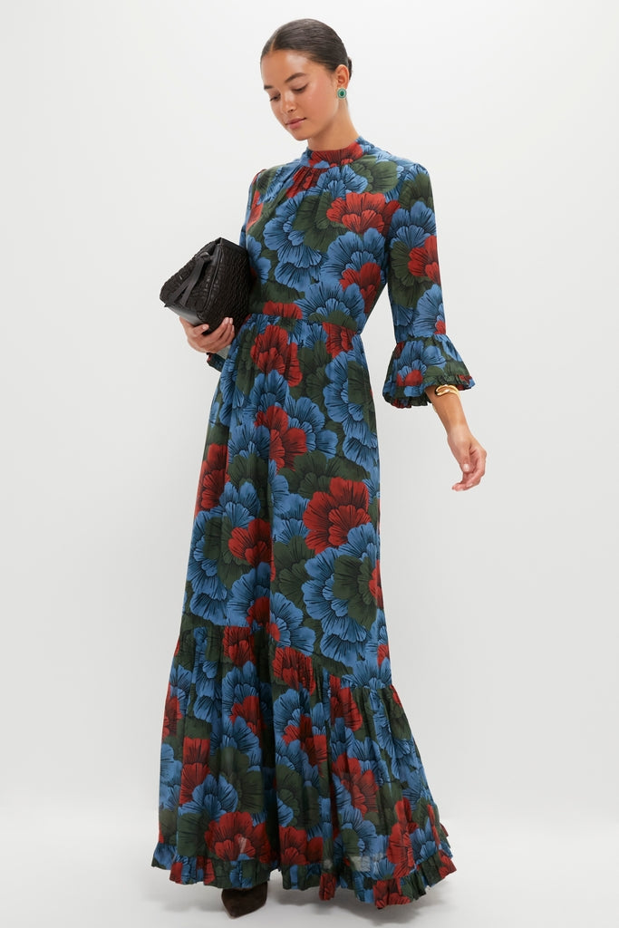 Madrid Blue High Neck Bell Sleeve Maxi Dress