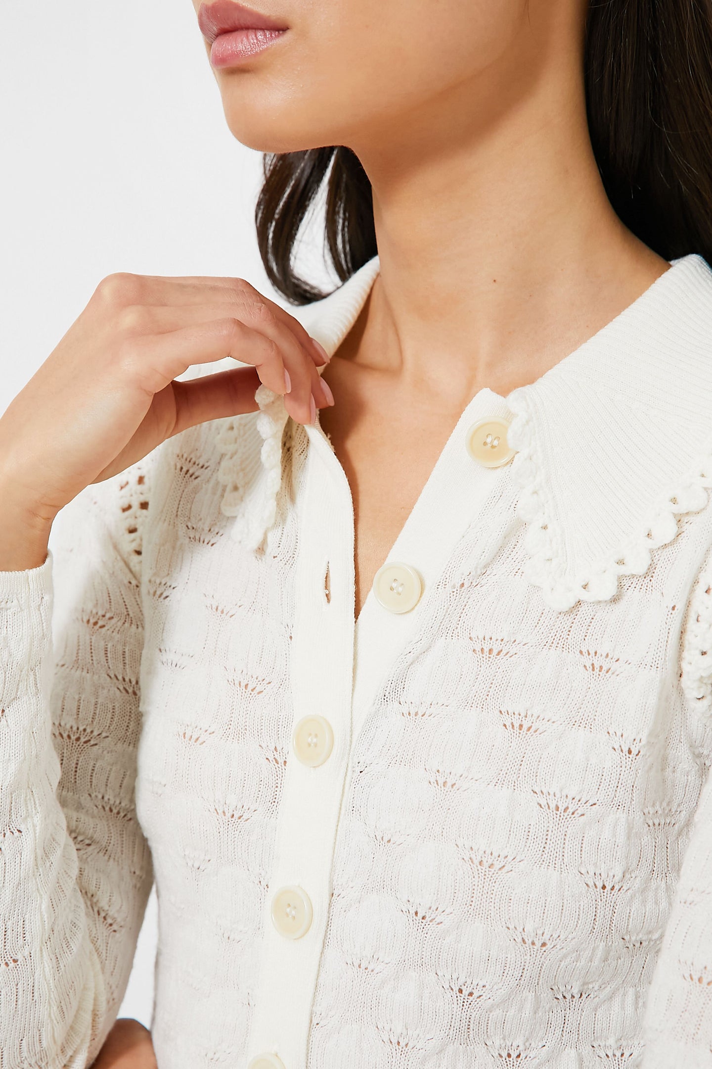 White Mila Pointelle Long Sleeve Cardigan | Sea New York