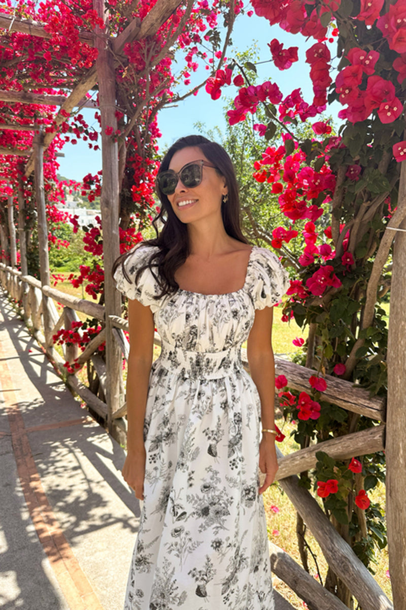 Black & White Floral Smocked Helena Maxi Dress