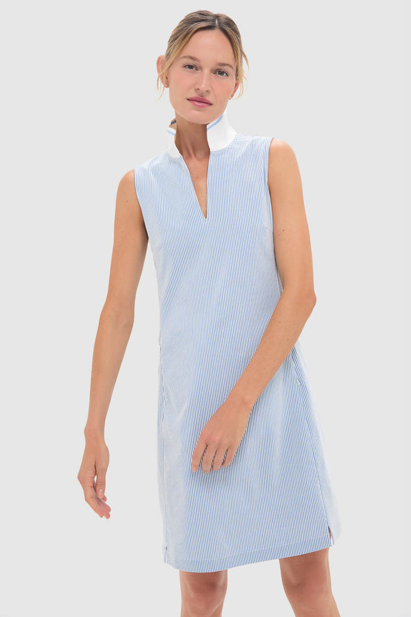 Blue and White Stripe Performance Seersucker Briar Golf Dress