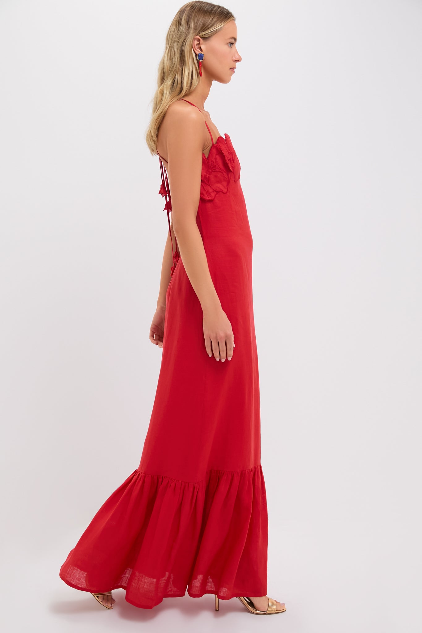 Coral Red Poema Eterno Embroidered Maxi Dress