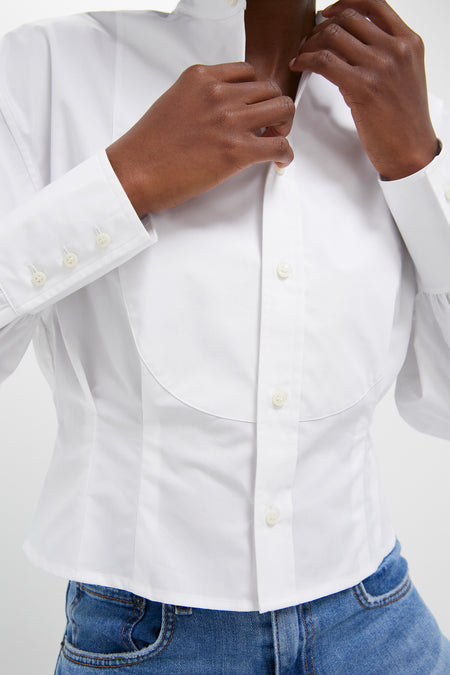 White Cotton Poplin Woven Long Sleeve Collared Sport Shirt