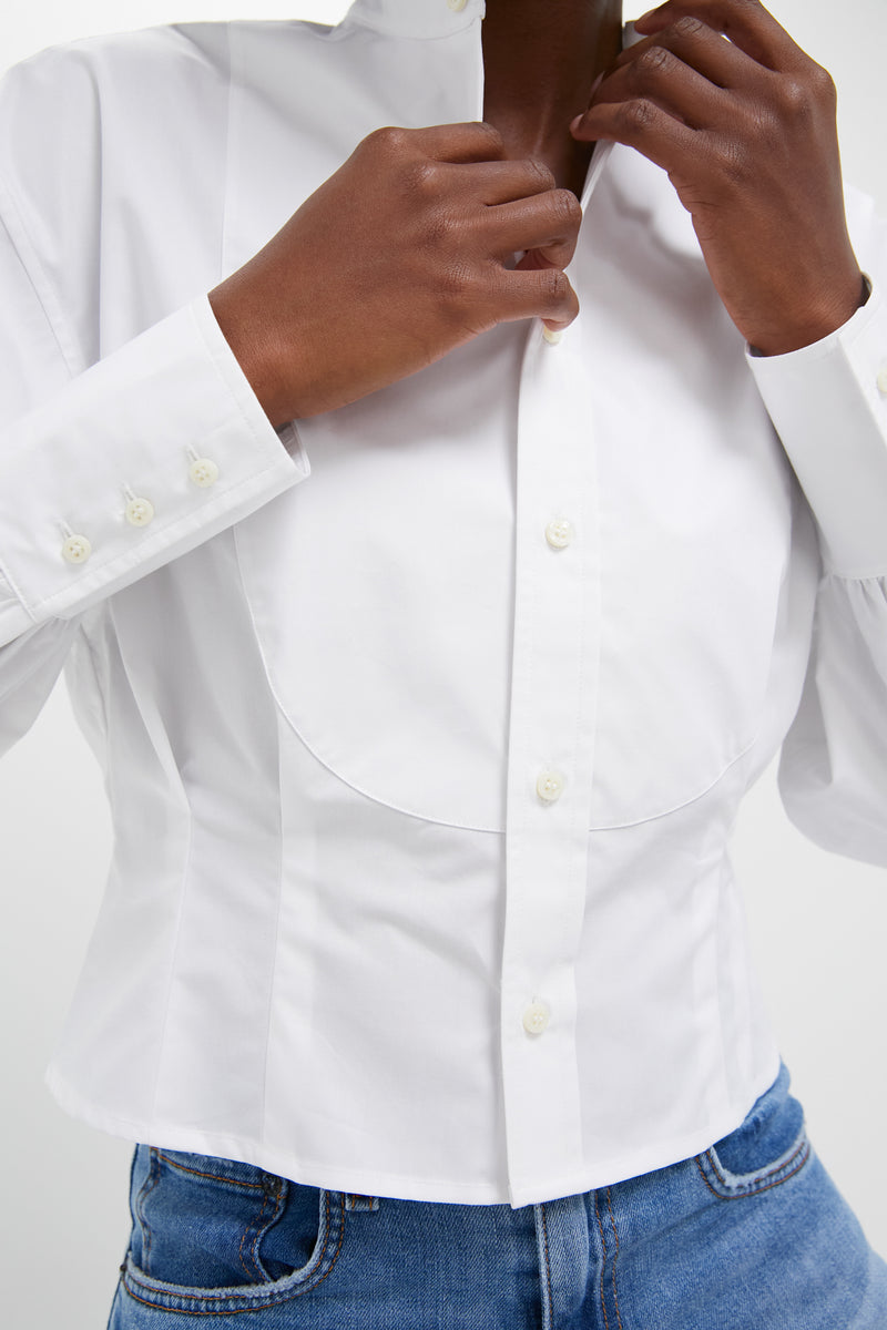 White Cotton Poplin Woven Long Sleeve Collared Sport Shirt
