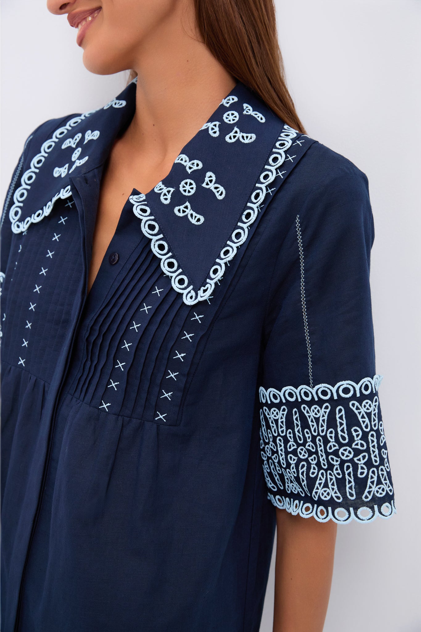 Navy Linen Eyelet Delphine Dress