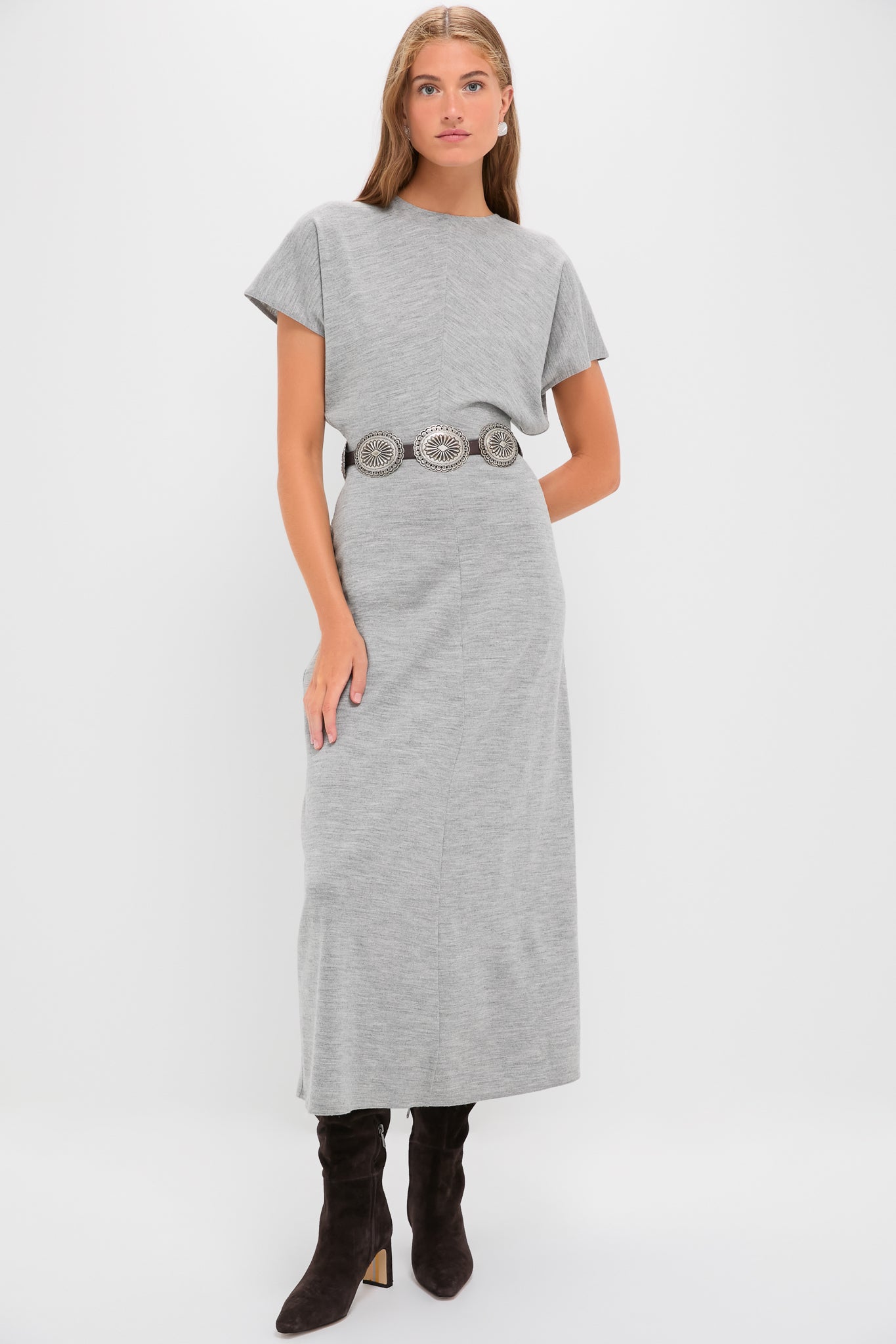 Light Smoke Heather Wool Jersey Knit Crew Neck Short Sleeve A-Line Dress