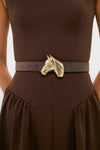 Gold Petite Ivy Buckle with a sculptural horse head design, adding a classic, effortless elegance to any outfit. Perfect for a high-end, fun style.