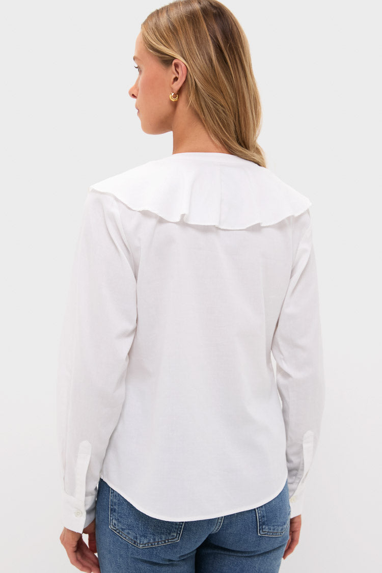 White Cotton Sateen Ruffle Eileen Button Down Shirt