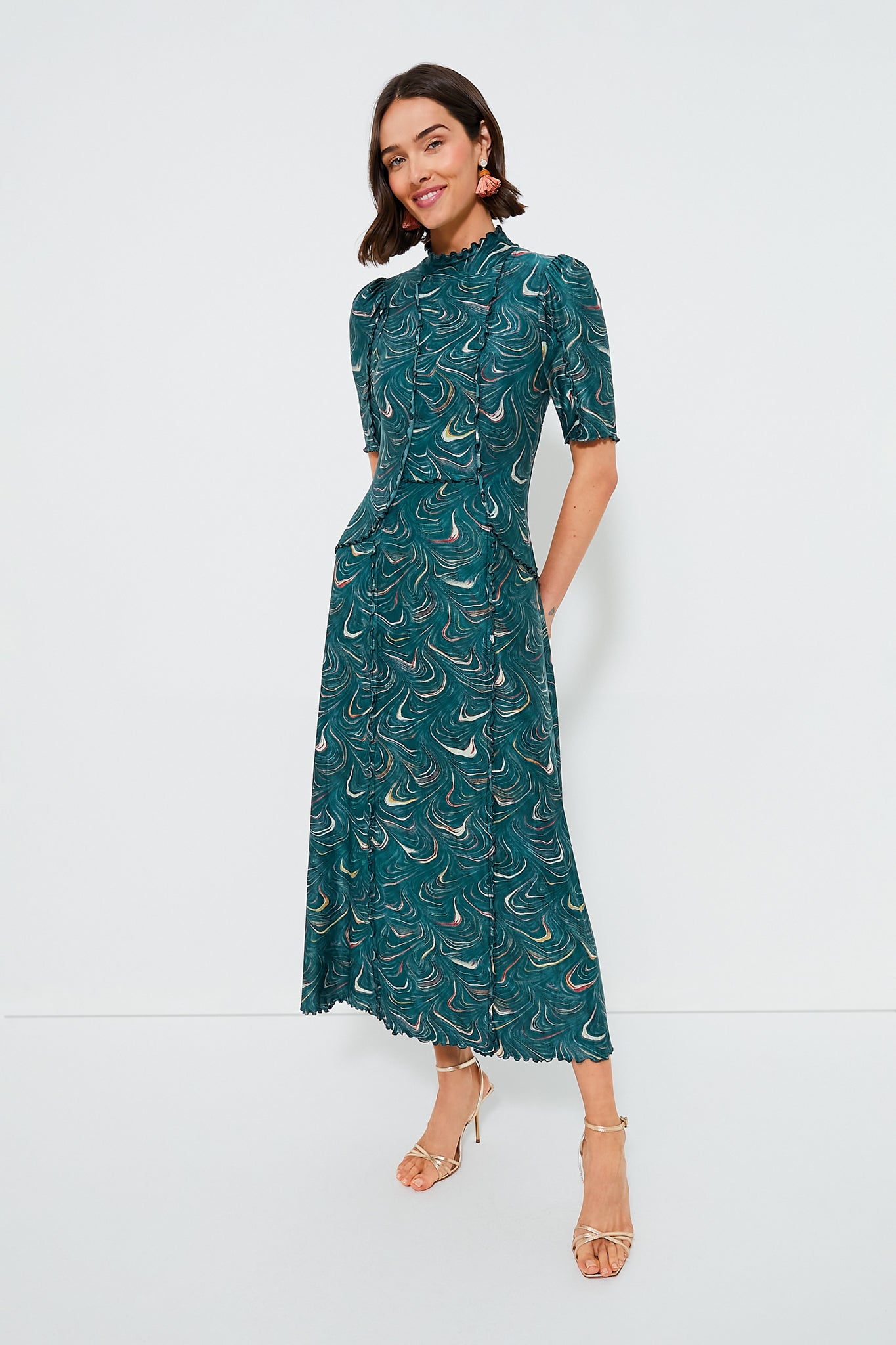 Green Amara Marble Print Long Sleeve Dress