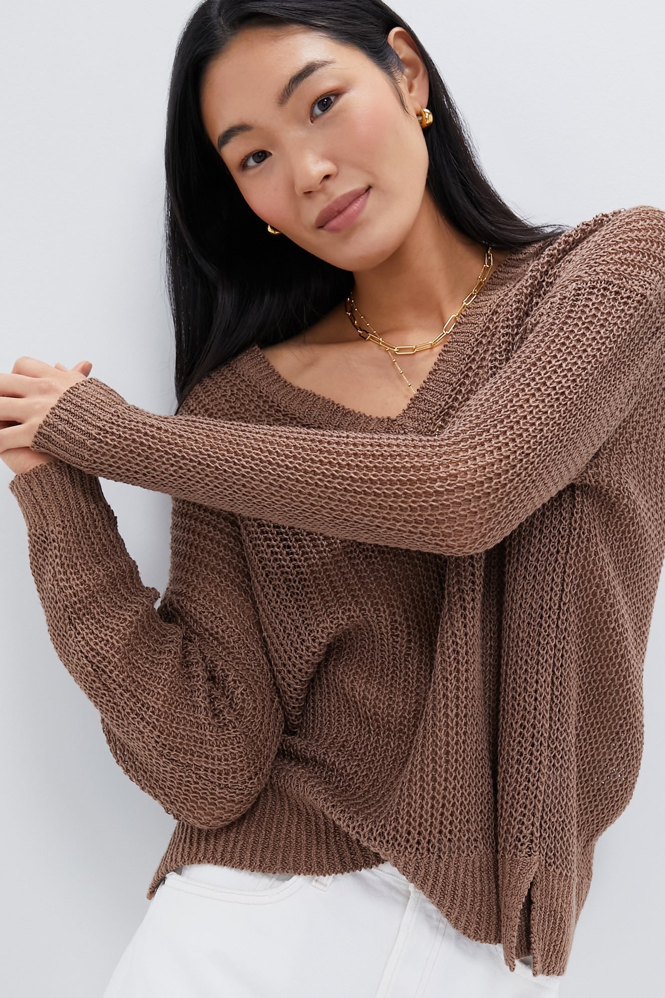 Mocha Linen Stitch Carolyn Sweater