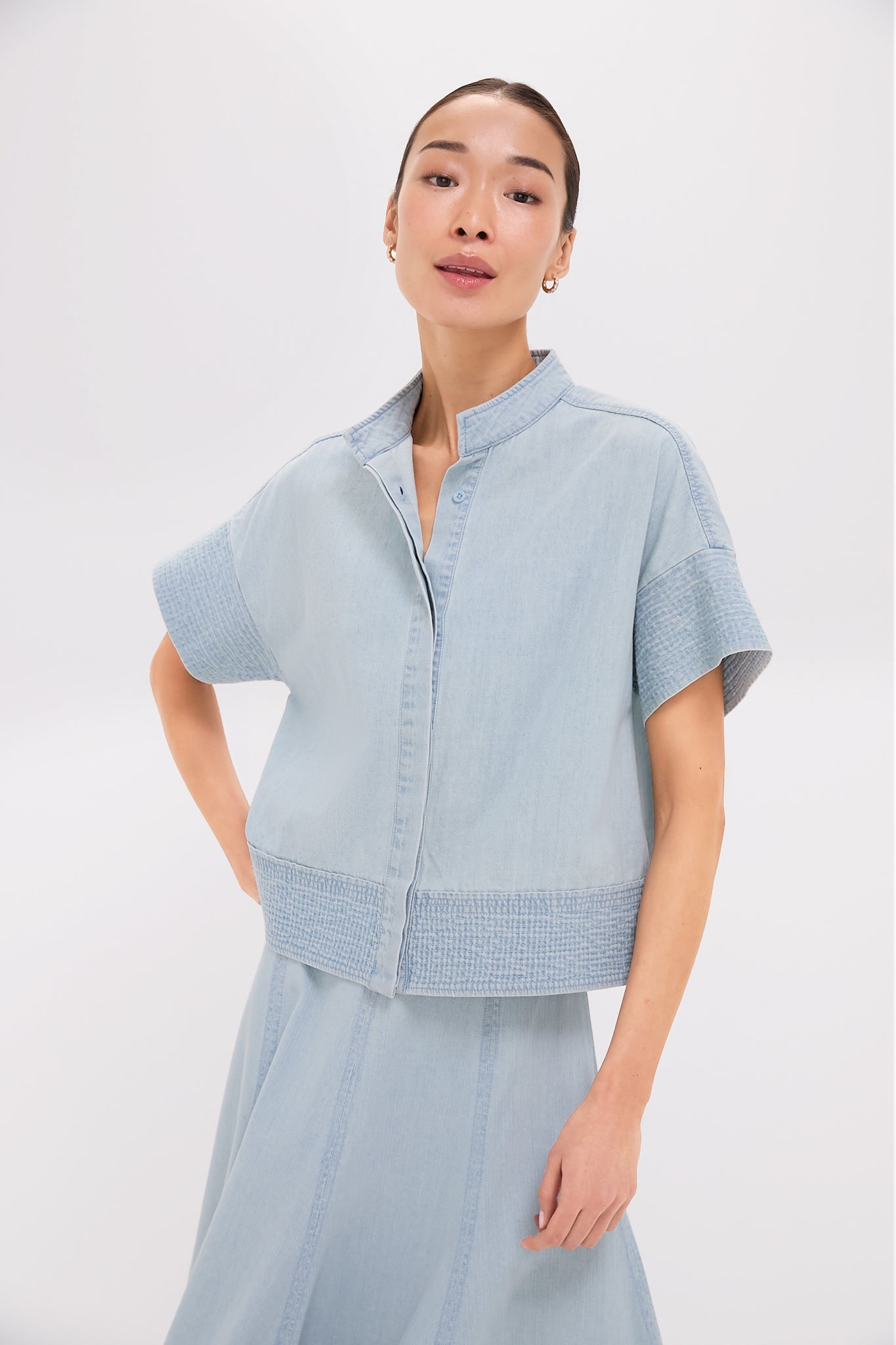 Light Wash Denim Trapunto Stitch Sofia Shirt | Tuckernuck