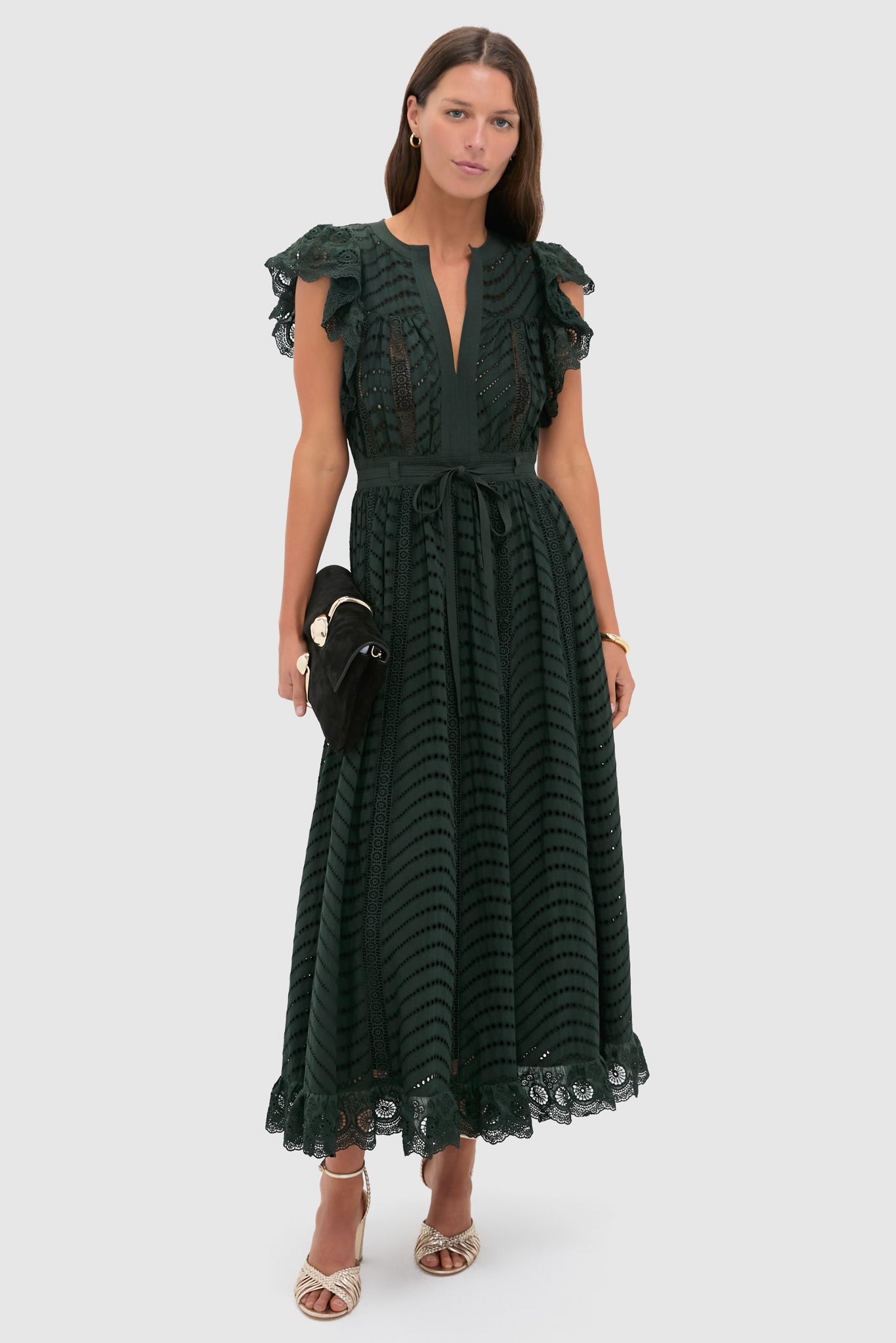 green flutter sleeve midi dress THML Kelsea Flutter Sleeve Midi Dress