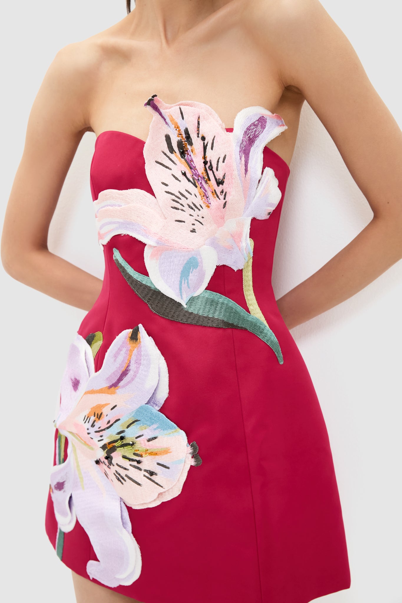 Burgundy Lily Print Rosario Applique Floral Bustier Mini Dress | Leo Lin Burgundy Lily Print Rosario Applique Floral Bustier Mini Dress | Leo Lin