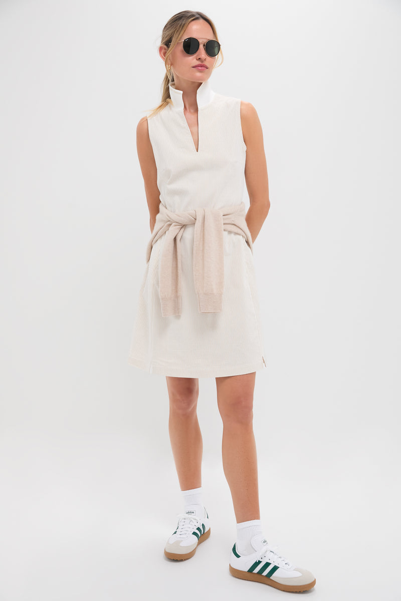 Khaki and White Stripe Performance Seersucker Briar Golf Dress