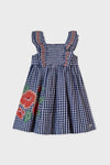 A sleeveless blue and white gingham dress by Tartine et Chocolat, featuring ruffled straps, a smocked bodice, and red floral embroidery on the skirt—ideal children's wear for sunny days.