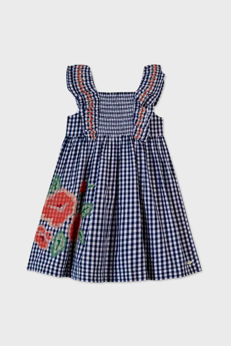 A sleeveless blue and white gingham dress by Tartine et Chocolat, featuring ruffled straps, a smocked bodice, and red floral embroidery on the skirt—ideal children's wear for sunny days.