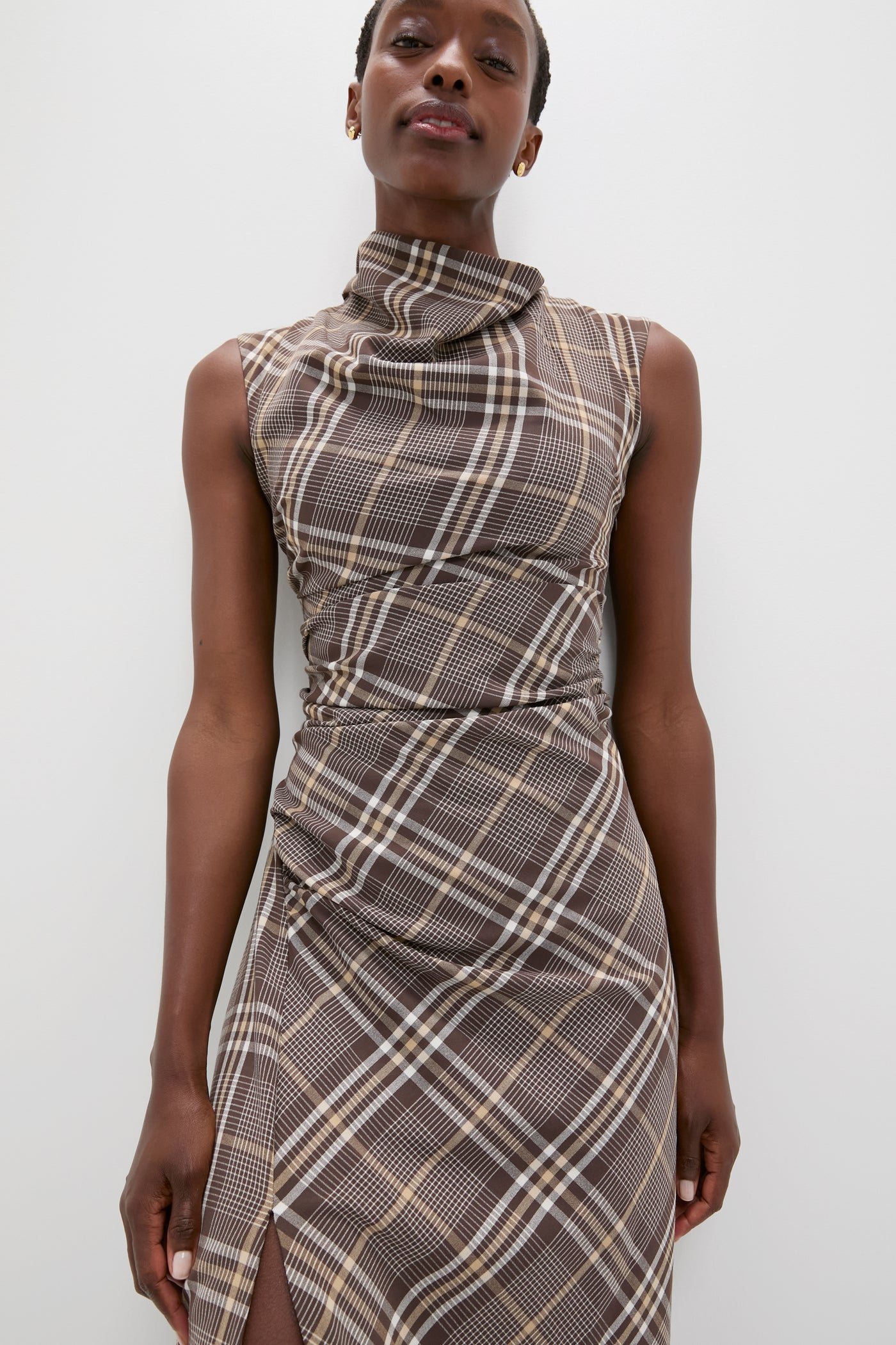 Chocolate Plaid Burke Sleeveless Draped Midi Dress | SIMKHAI Chocolate Plaid Burke Sleeveless Draped Midi Dress | SIMKHAI