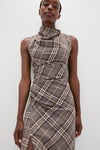 Chocolate Plaid Burke Sleeveless Draped Midi Dress