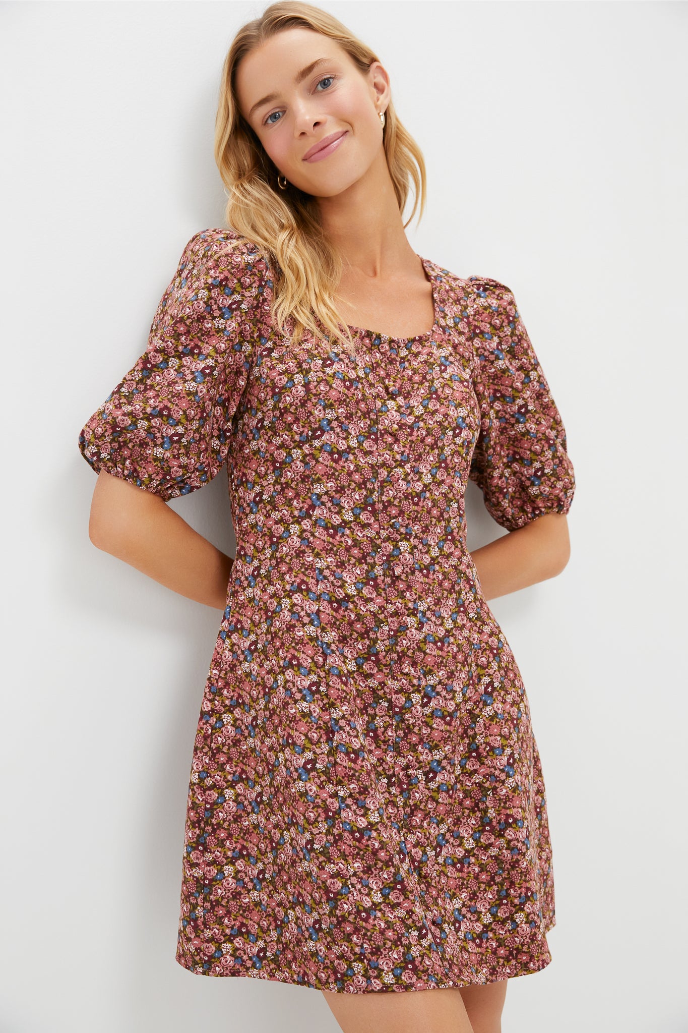 Mauve Ditsy Floral Button Front Corduroy Bryant Mini Dress