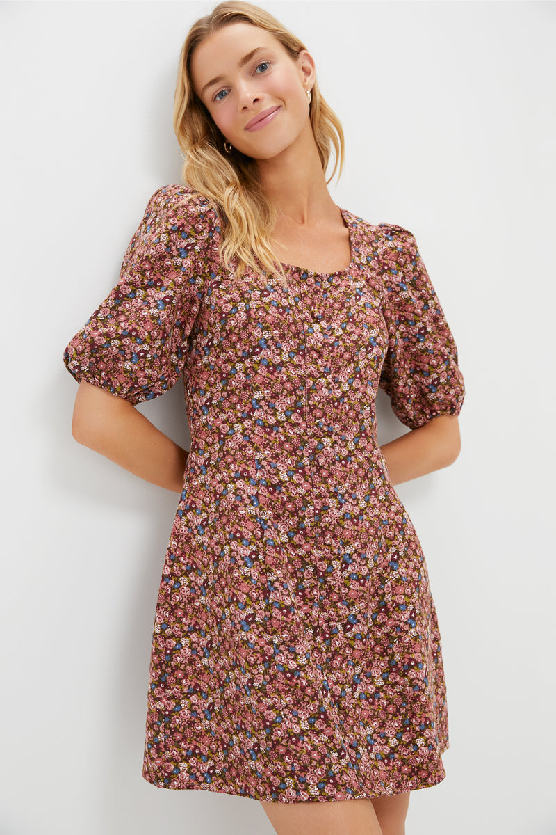 Mauve Ditsy Floral Button Front Corduroy Bryant Mini Dress