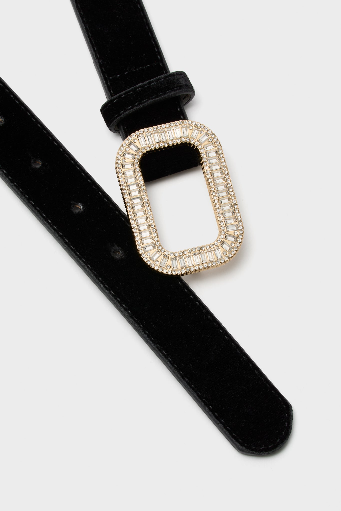 Black Velvet Waist Belt with a classic, gold-tone crystal-encrusted buckle, offering an effortless, high-end touch to any outfit.