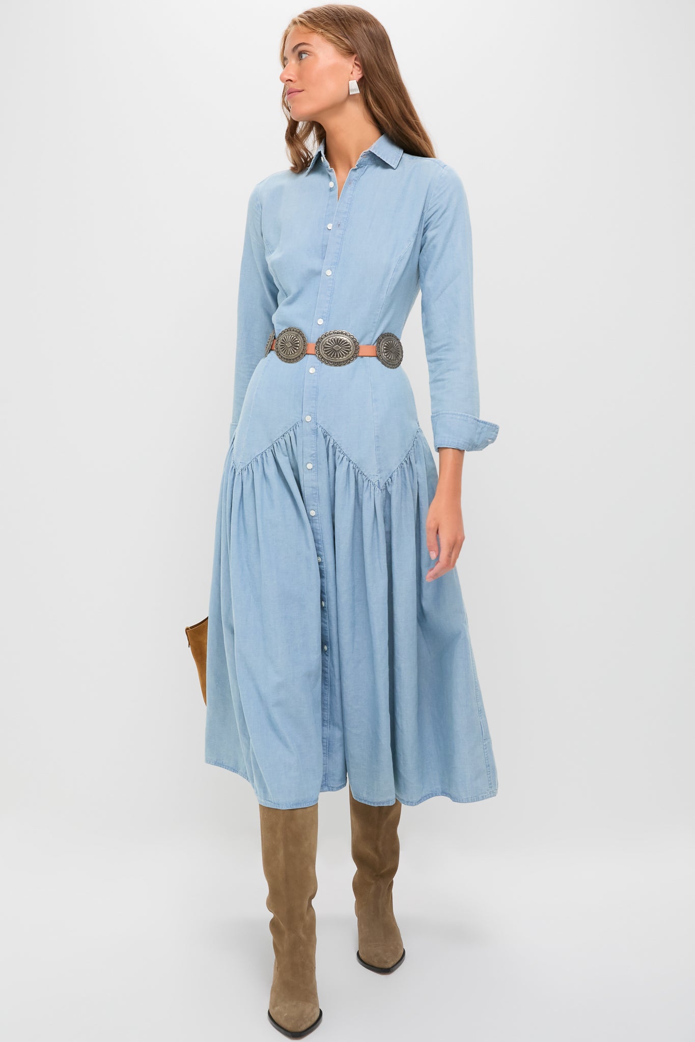 Pacific Blue Chambray Woven Collared Long Sleeve Shirt Dress