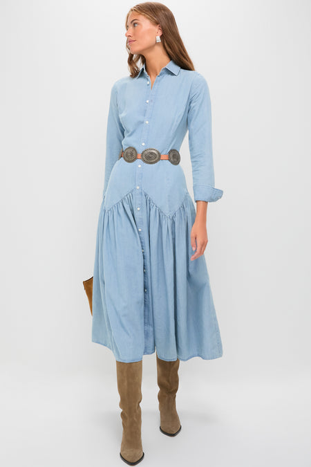 Pacific Blue Chambray Woven Collared Long Sleeve Shirt Dress