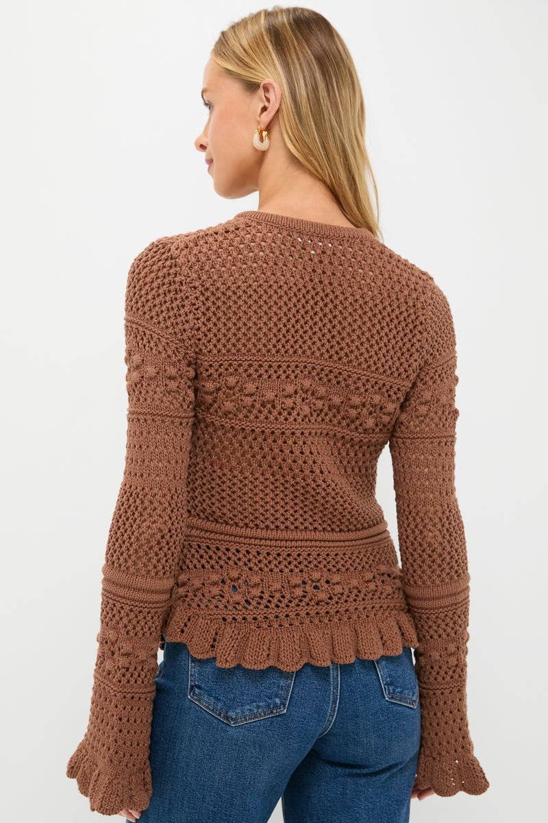 Dark Cinnamon Swirl Kiva Open Stitch Ruffle Cardi