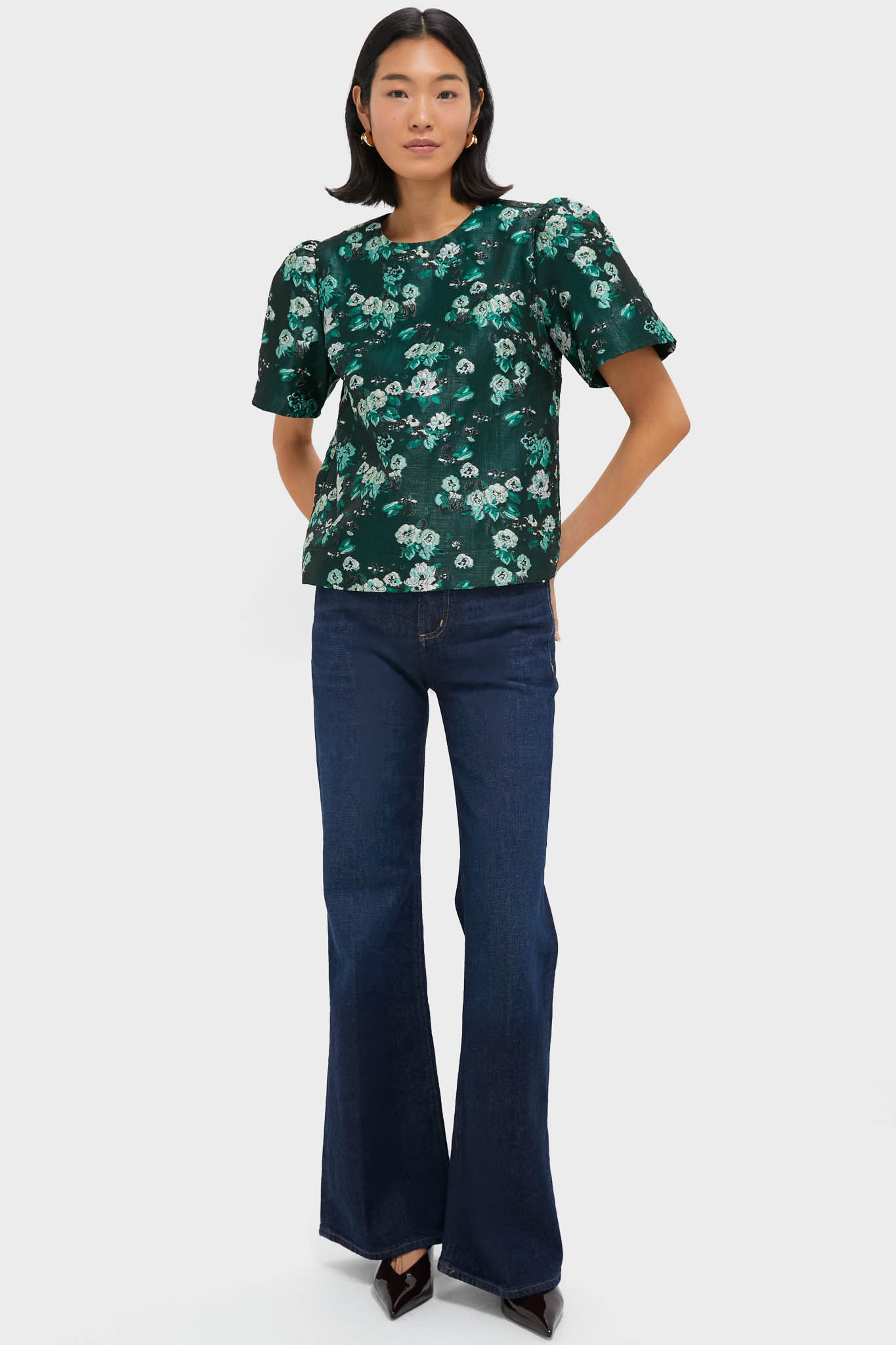 BLUELEA ブルレア Jacquard offshoulder blouse Emerald Magnolia Floral Jacquard Lyla Blouse | Pomander Place