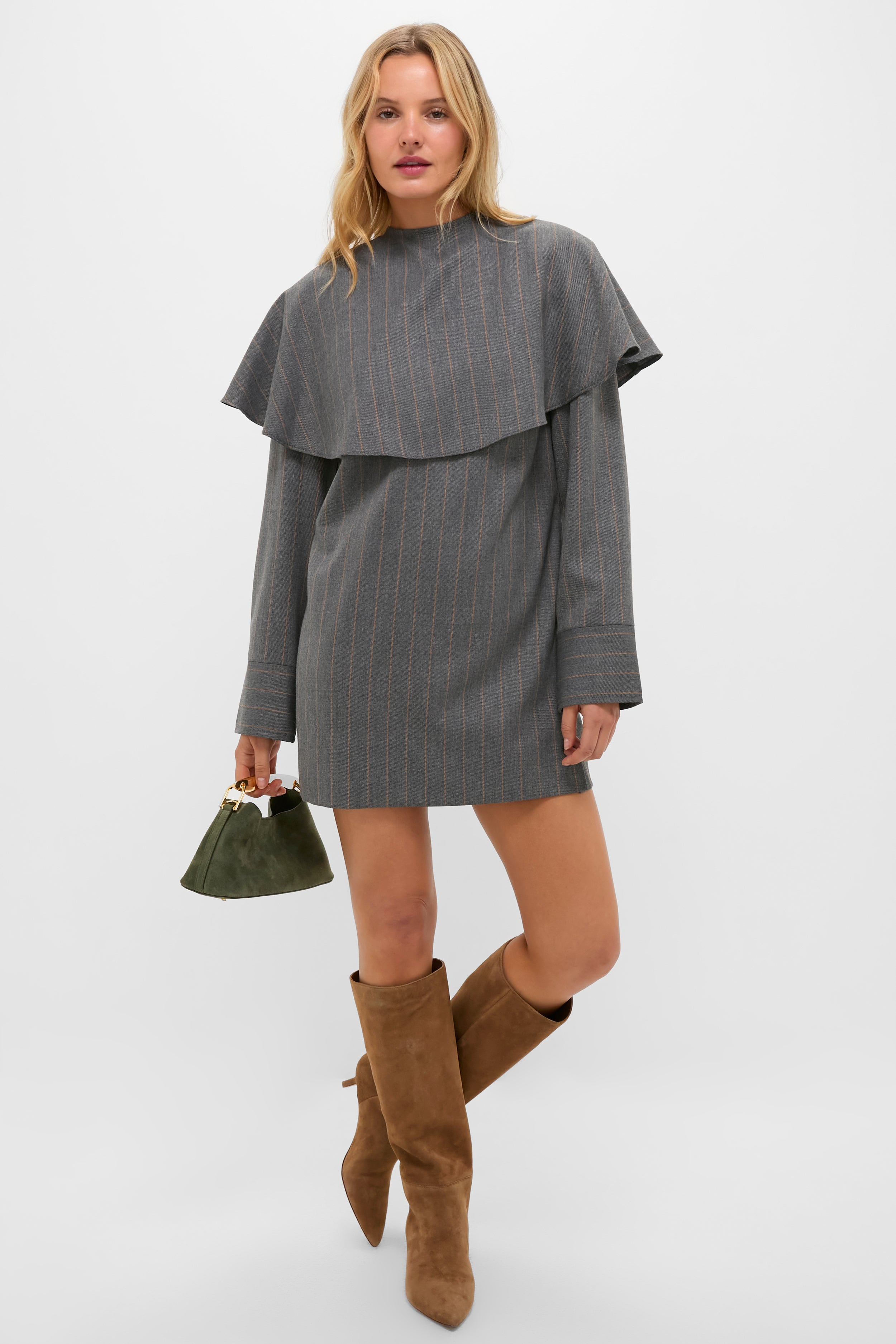 slim fit dress slacks Pewter Brushed Wool Stripe Circle Collar Mini Dress