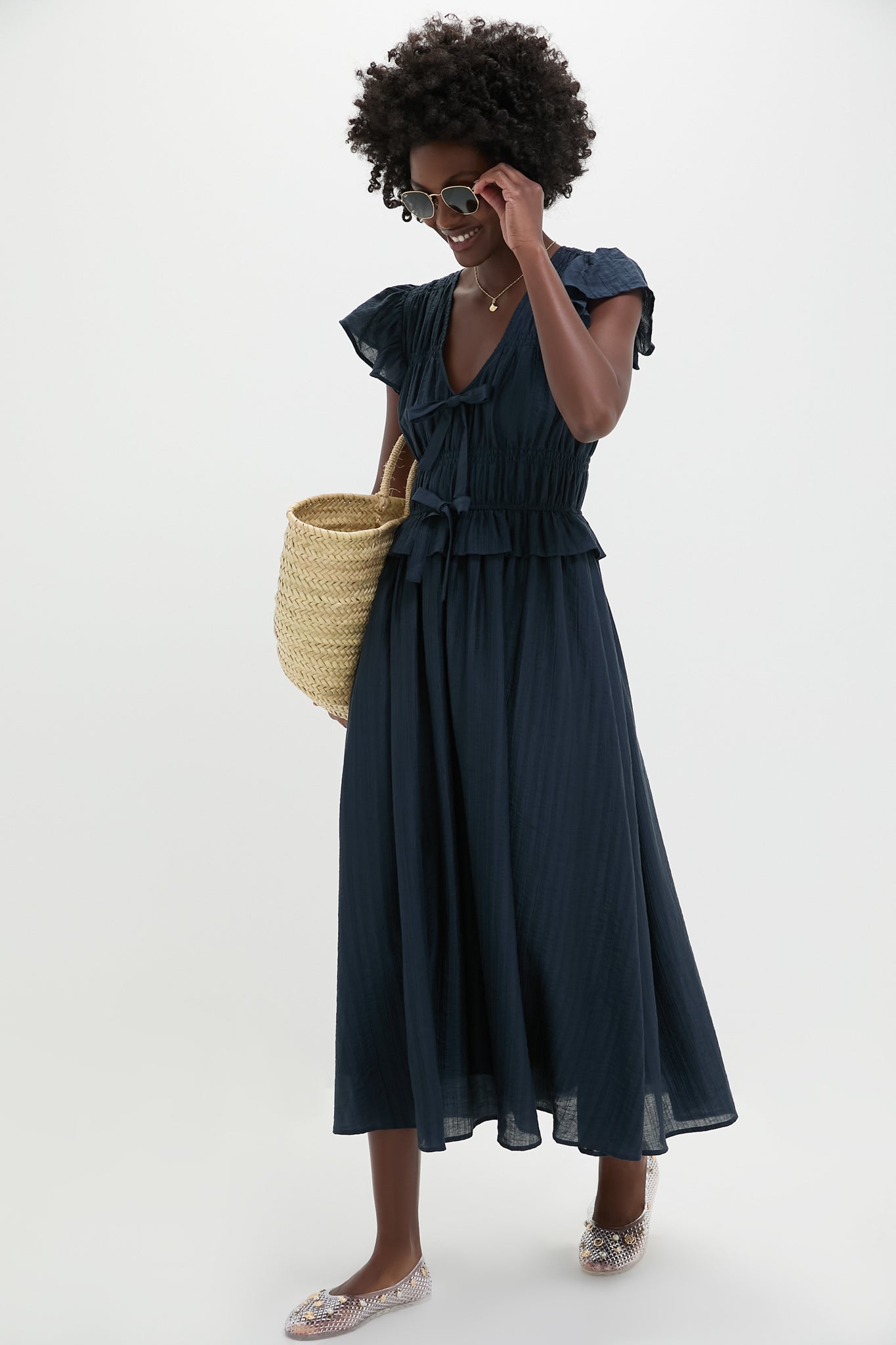 Navy Flutter Sleeve Tie Front Midi Dress