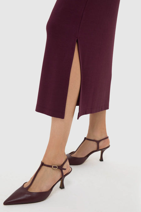 Winetasting Side Tie Elspeth Maxi Dress showcases a classic, effortless look with a side slit, T-strap heels enhancing its high-end, fun style.