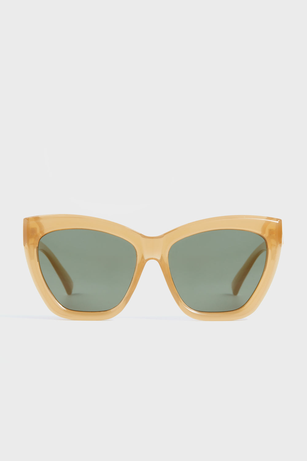 Le Specs thick-framed yellow cat-eye sunglasses with dark green polarized lenses.