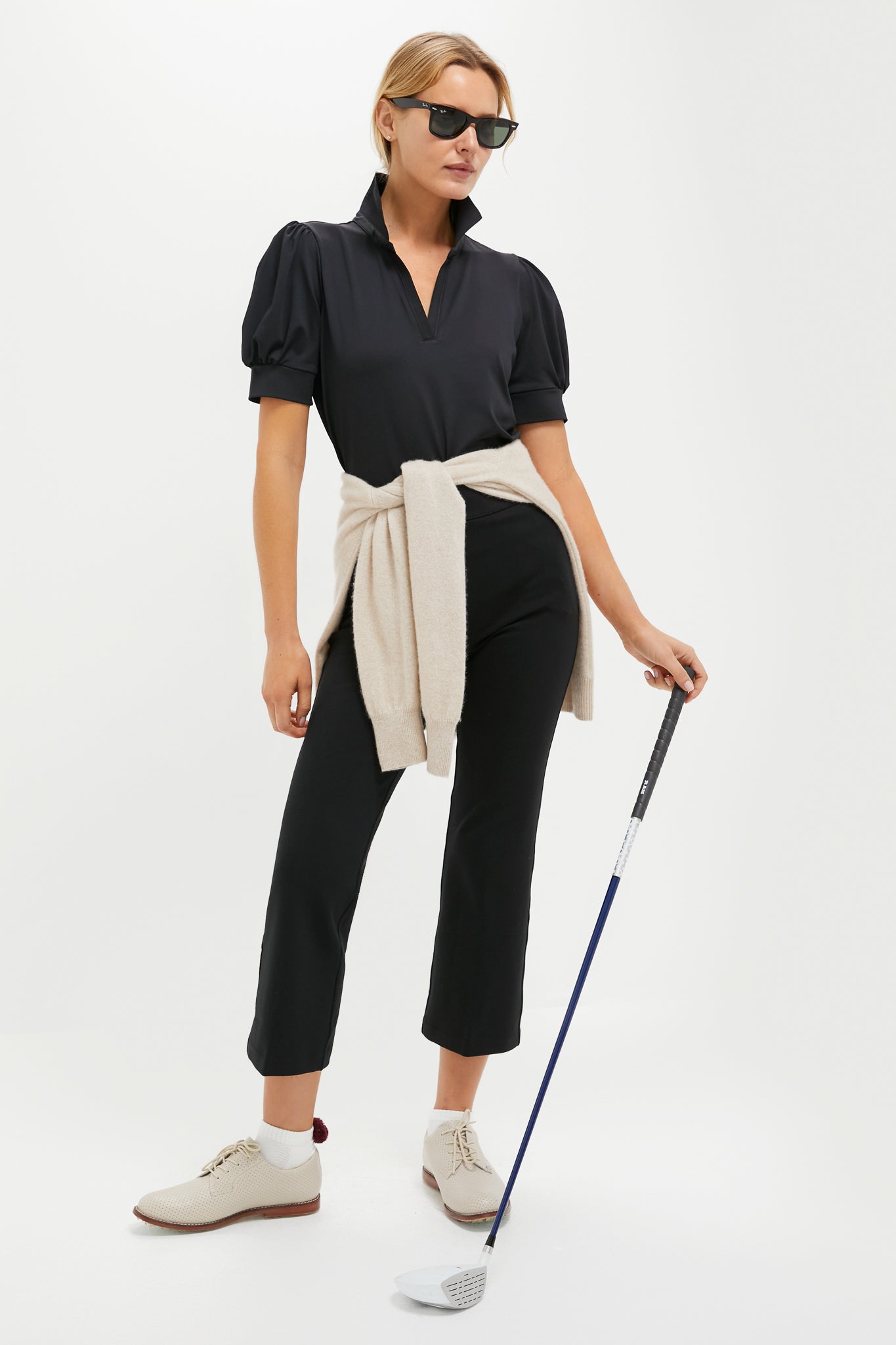 Black Puff Sleeve Performance Jersey Caroline Polo