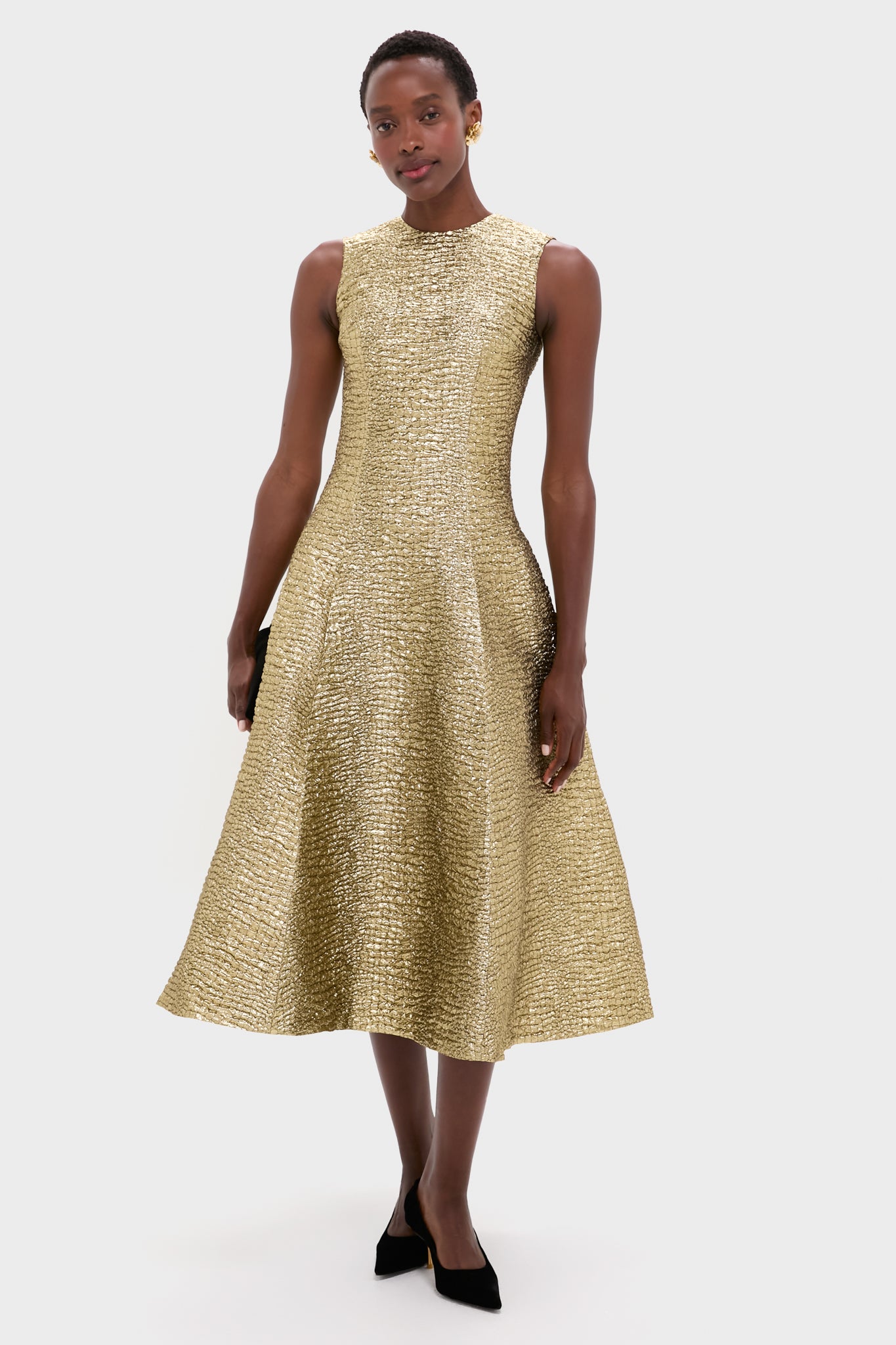 Gold Metallic Seersucker Mara Midi Dress | Emilia Wickstead Gold Metallic Seersucker Mara Midi Dress | Emilia Wickstead