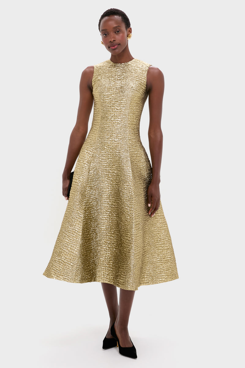 Gold Metallic Seersucker Mara Midi Dress
