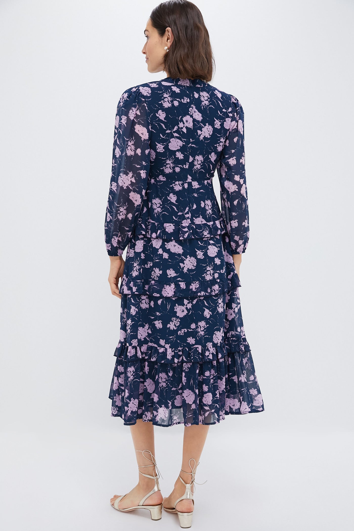 Navy & Blush Abstract Floral Rosalind Ruffle Midi Dress