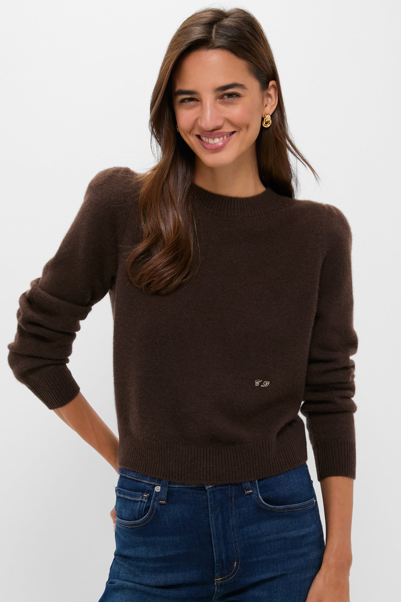 Chocolate Cashmere Puff Sleeve Macy Crewneck Sweater
