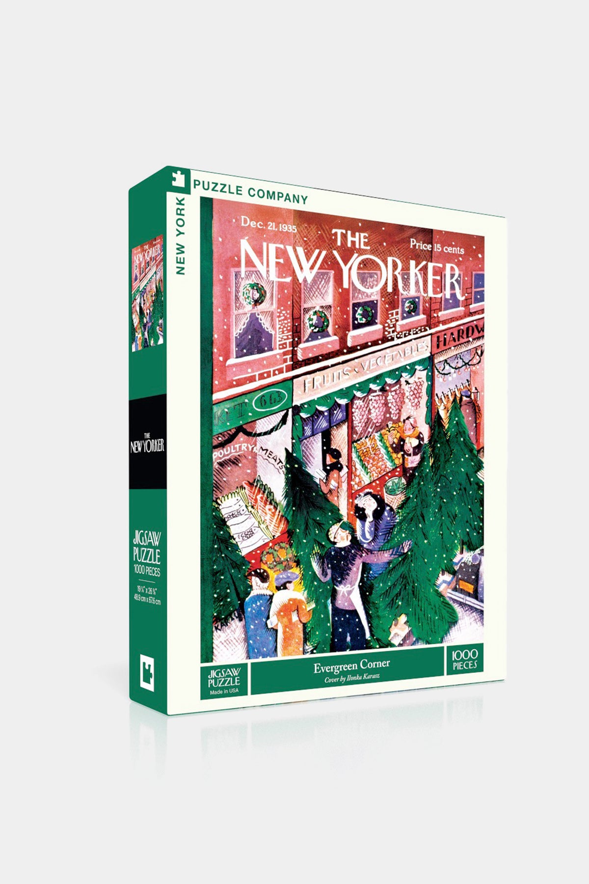 Evergreen Corner Jigsaw Puzzle: A classic, 1000-piece puzzle capturing the effortless fun of a snowy city Christmas scene, perfect for high-end holiday nostalgia enthusiasts.