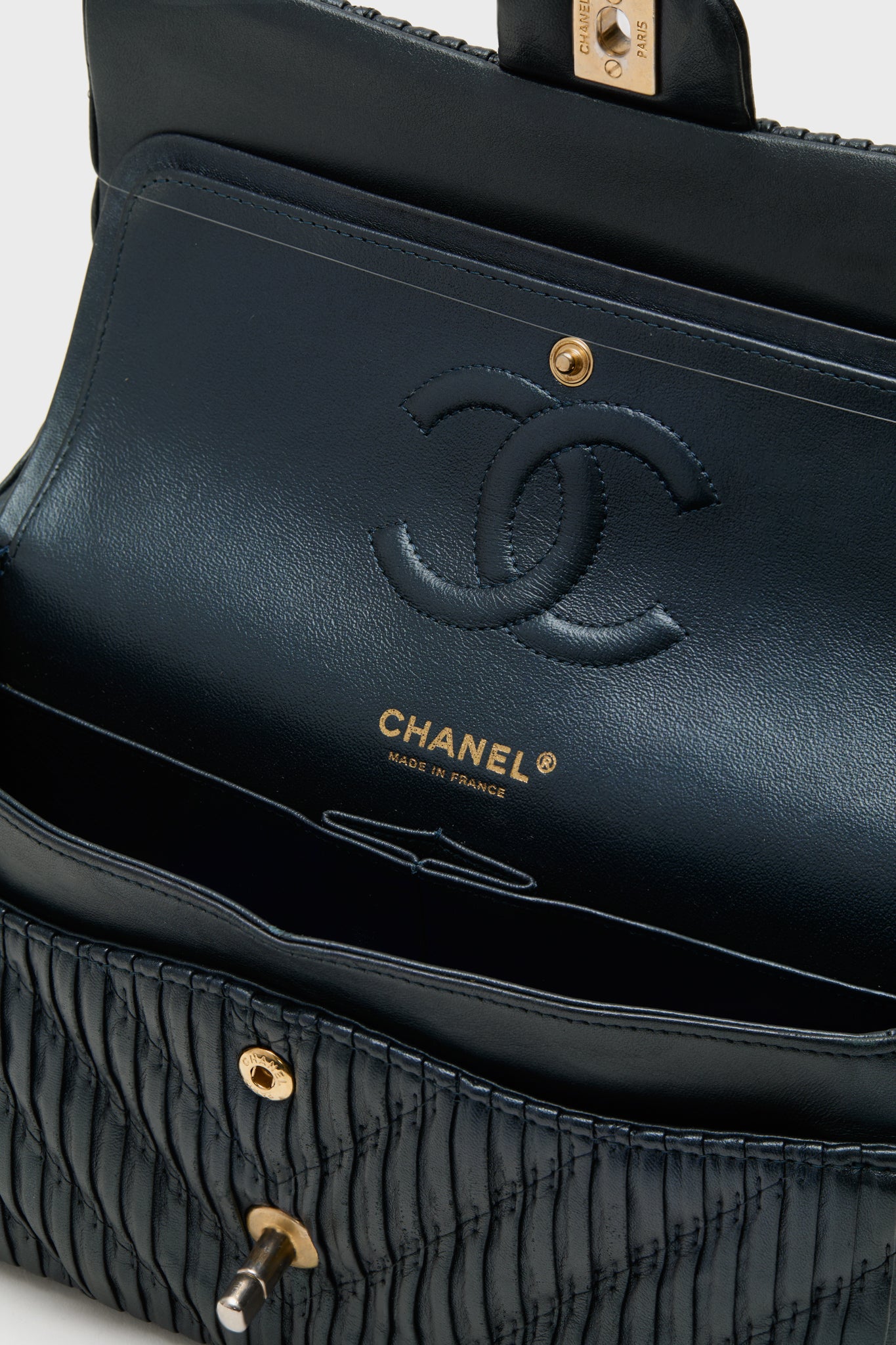 CHANEL Blue Calfskin Coco Pleats Double Flap Bag