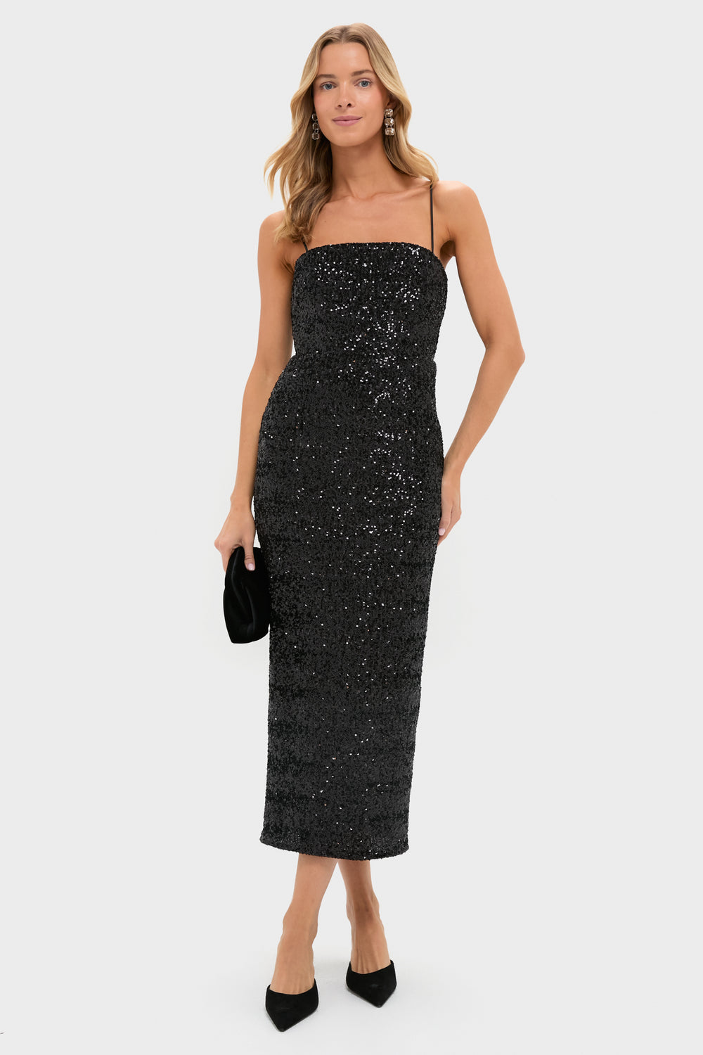 Black Sequin Carmen Column Midi Dress