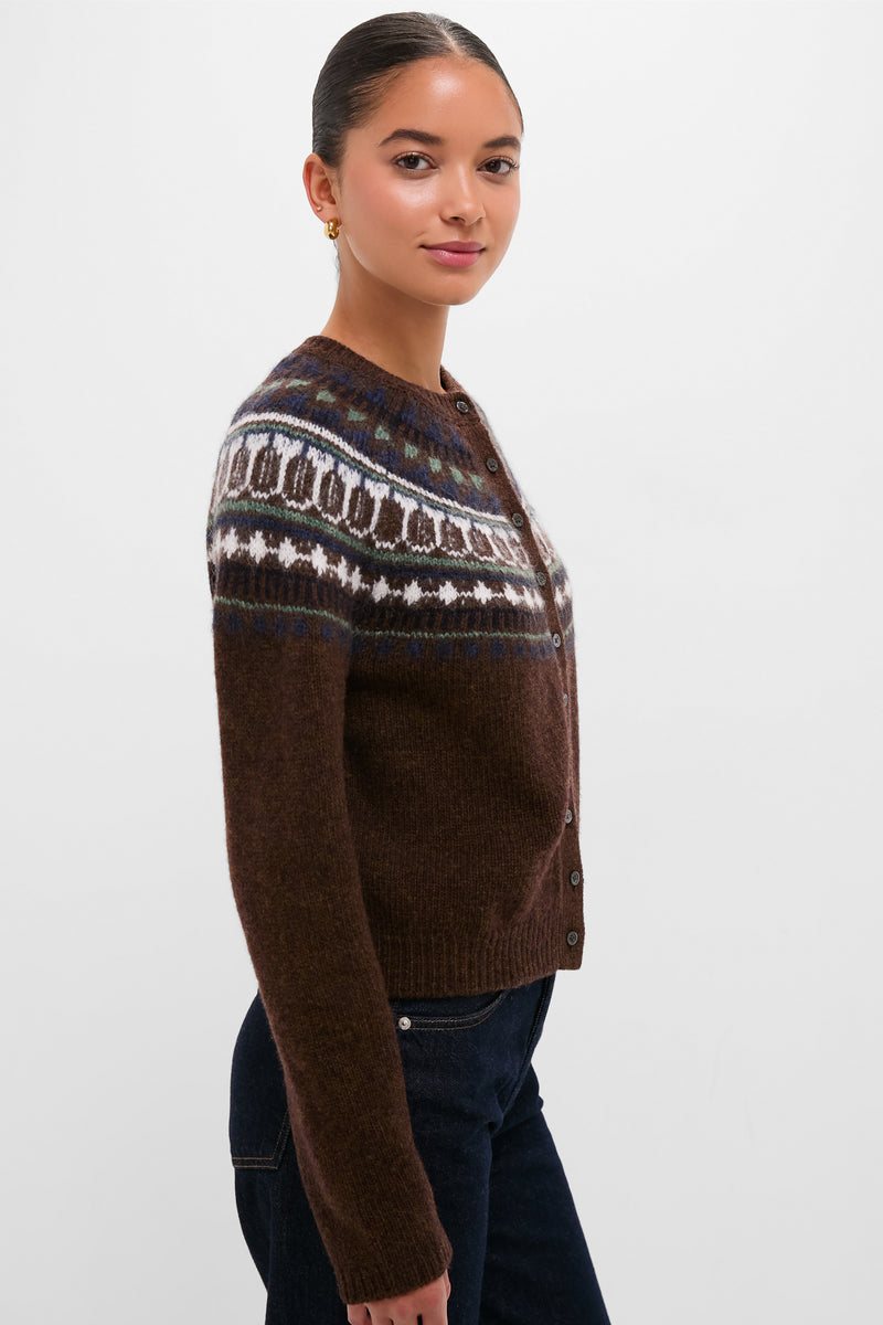 Young woman models the classic Chestnut Amina Fairisle Sweater, effortlessly styled with dark jeans; a high-end, fun piece reflecting Tuckernuck's cool, confident aesthetic.