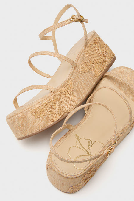 Beige Raffia with Hibiscus Embroidery Gio Platform Sandals