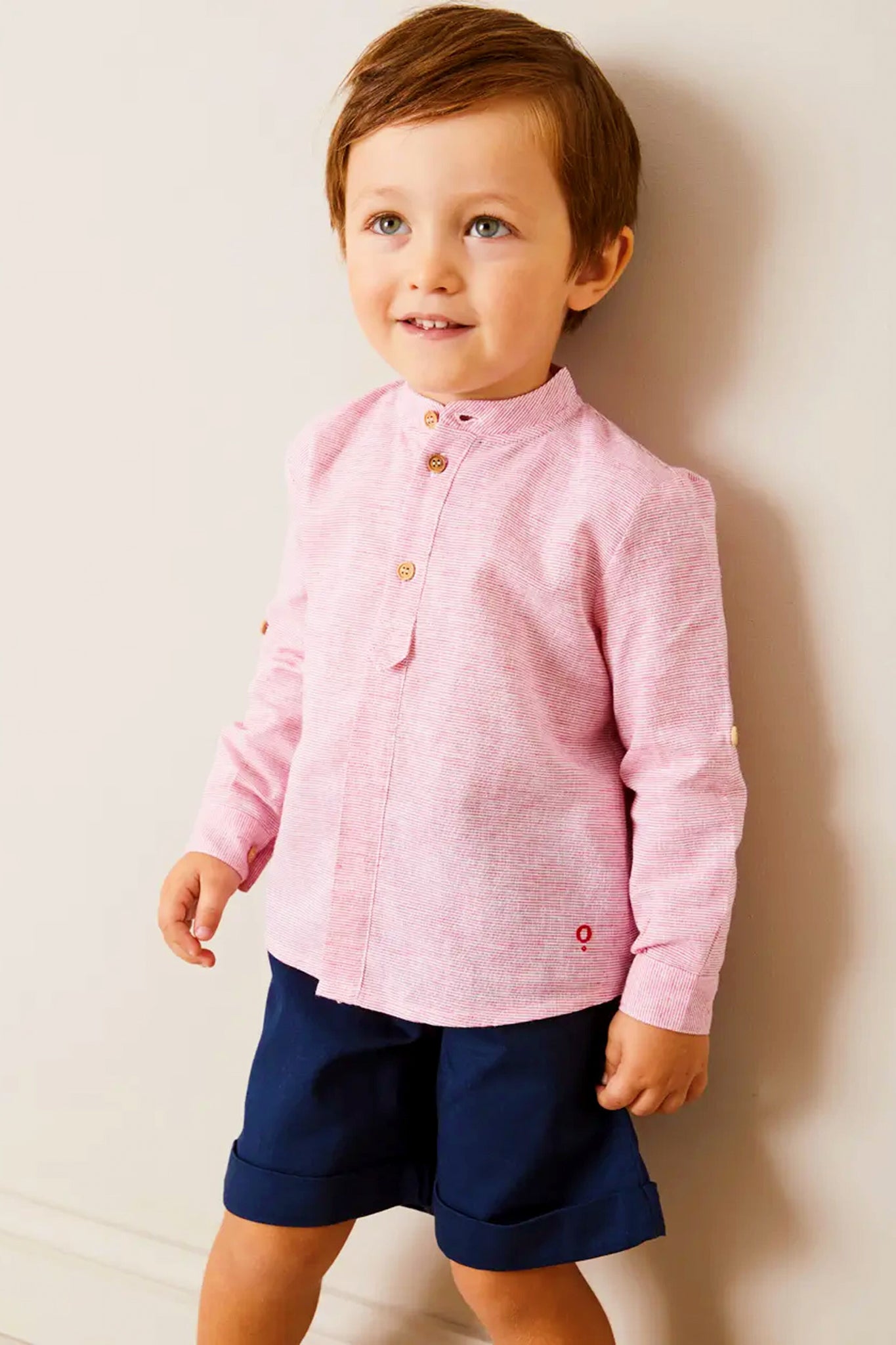 Lawrence Striped Mao Collar Long Sleeve Shirt in Red