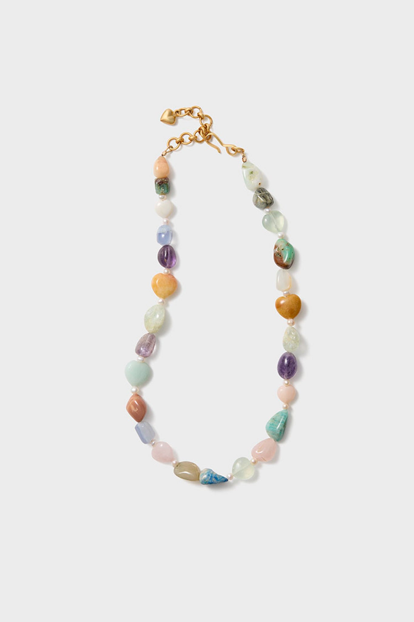 The Brinker + Eliza adjustable necklace showcases assorted polished semi-precious gemstones and gold chain links.