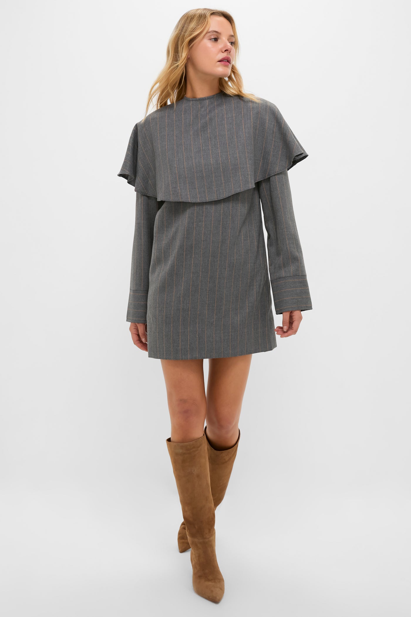 Pewter Brushed Wool Stripe Circle Collar Mini Dress