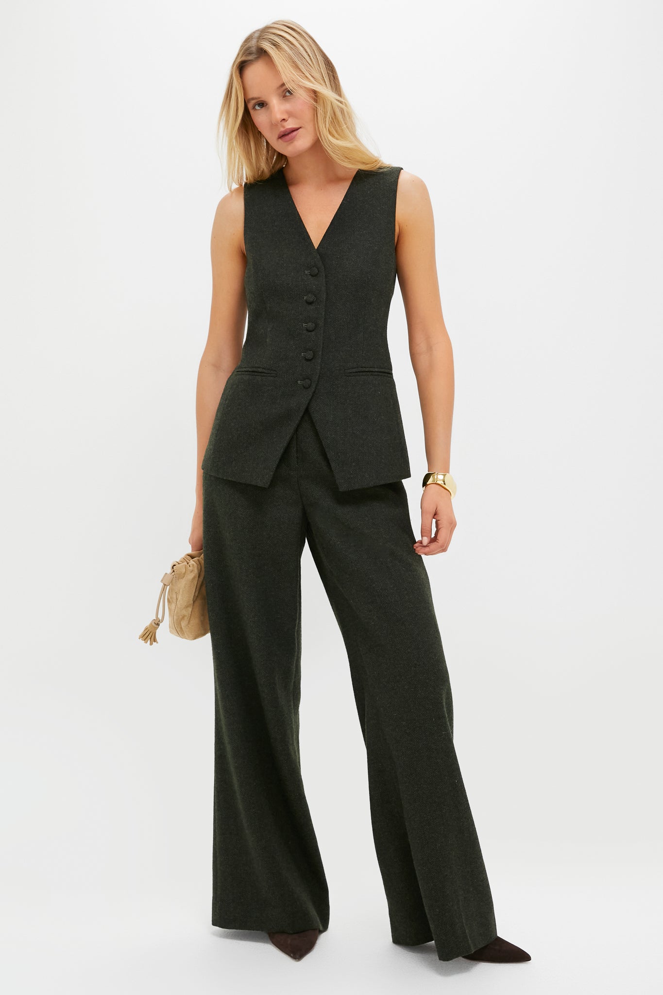 Hunter Green Tweed Herringbone Wide Leg Watson Trousers