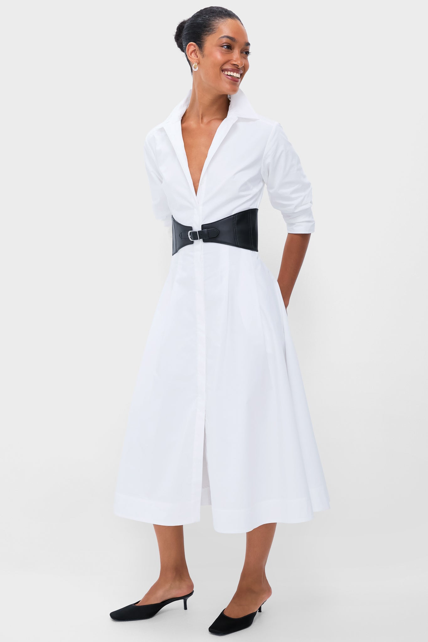 white dress with belt White Olson Belted Midi Dress