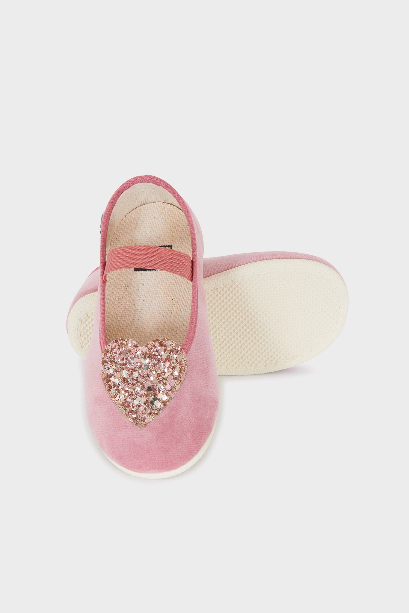 Classic Pink Velvet Mary Jane Flats feature an effortless design with fun rose-gold glitter hearts and practical elastic straps, ideal for high-end adventures and play.